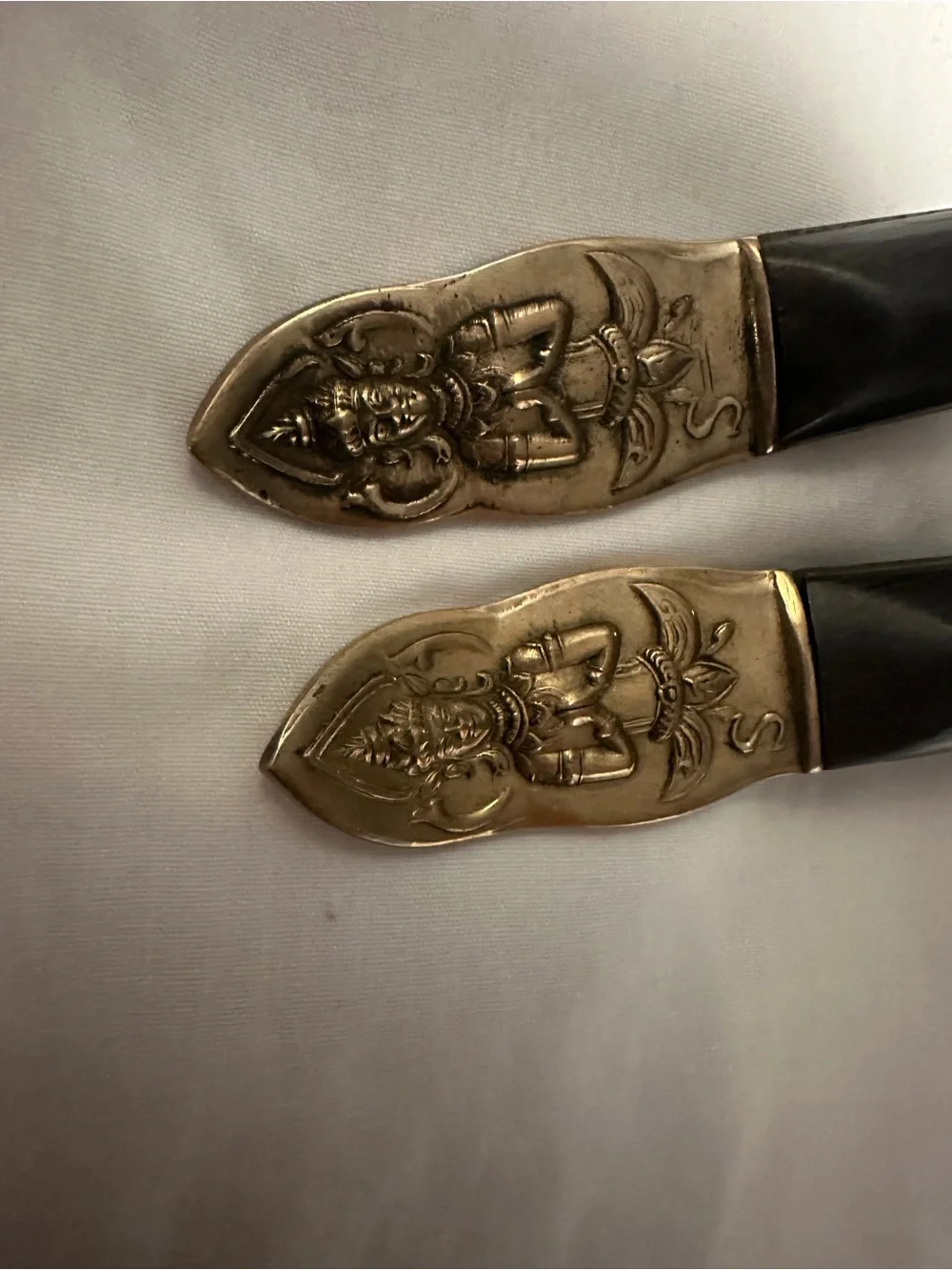 Twisted-Handle Brass Serving Spoon and Fork Set with Brown Handles